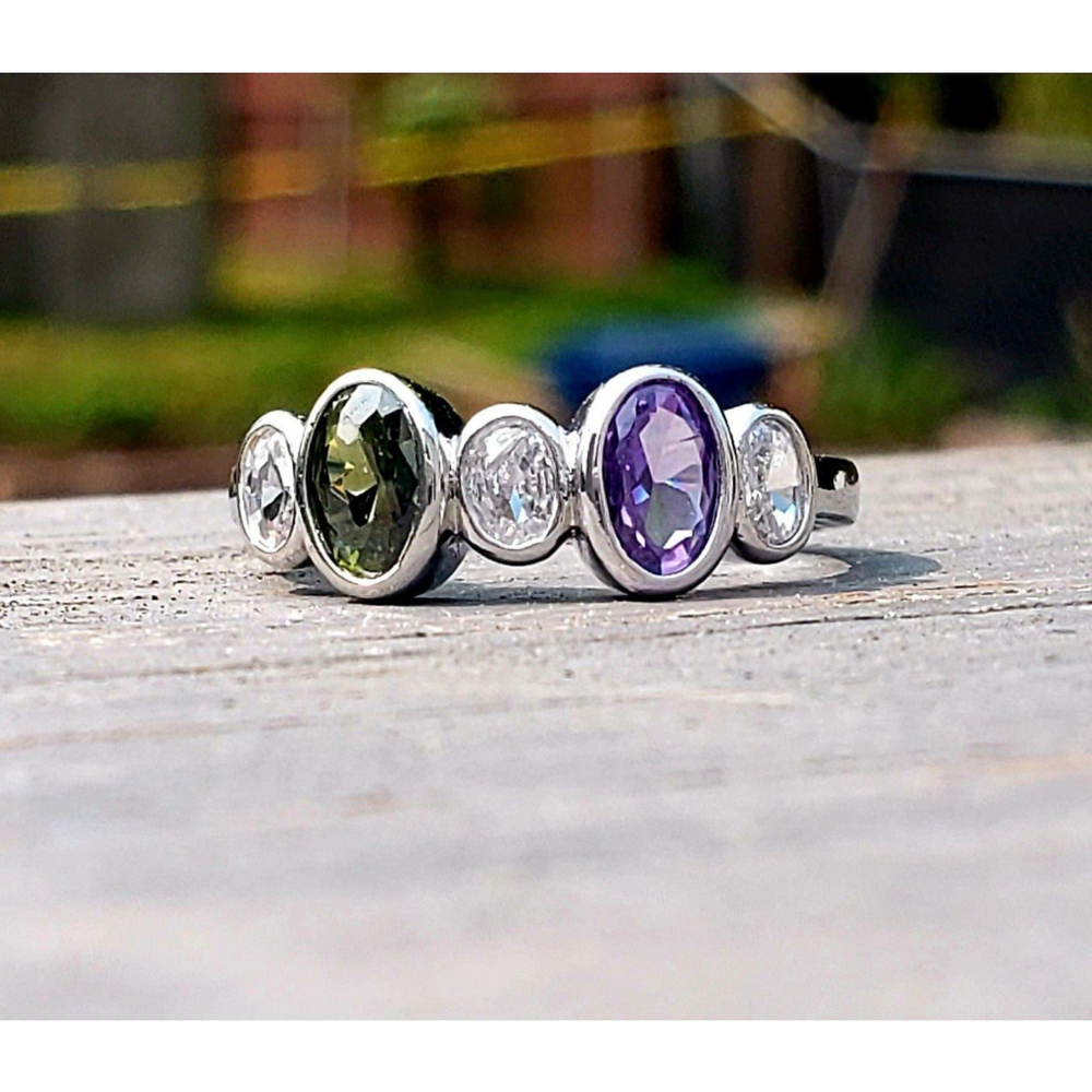 Oval Cut Amethyst Peridot White Emerald on Polished 925 Silver Band size 7